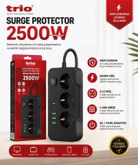 TRİO TR-3439 3 LÜ (3*USB+2*TYPE-C) 2500W 2MT AKIM KORUMALI PRİZ