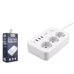 Fly 3406-01 Termal Akım Korumalı Uzatma Kablosu 3*Priz 3*Usb + Anahtar 2.1A 2M Beyaz